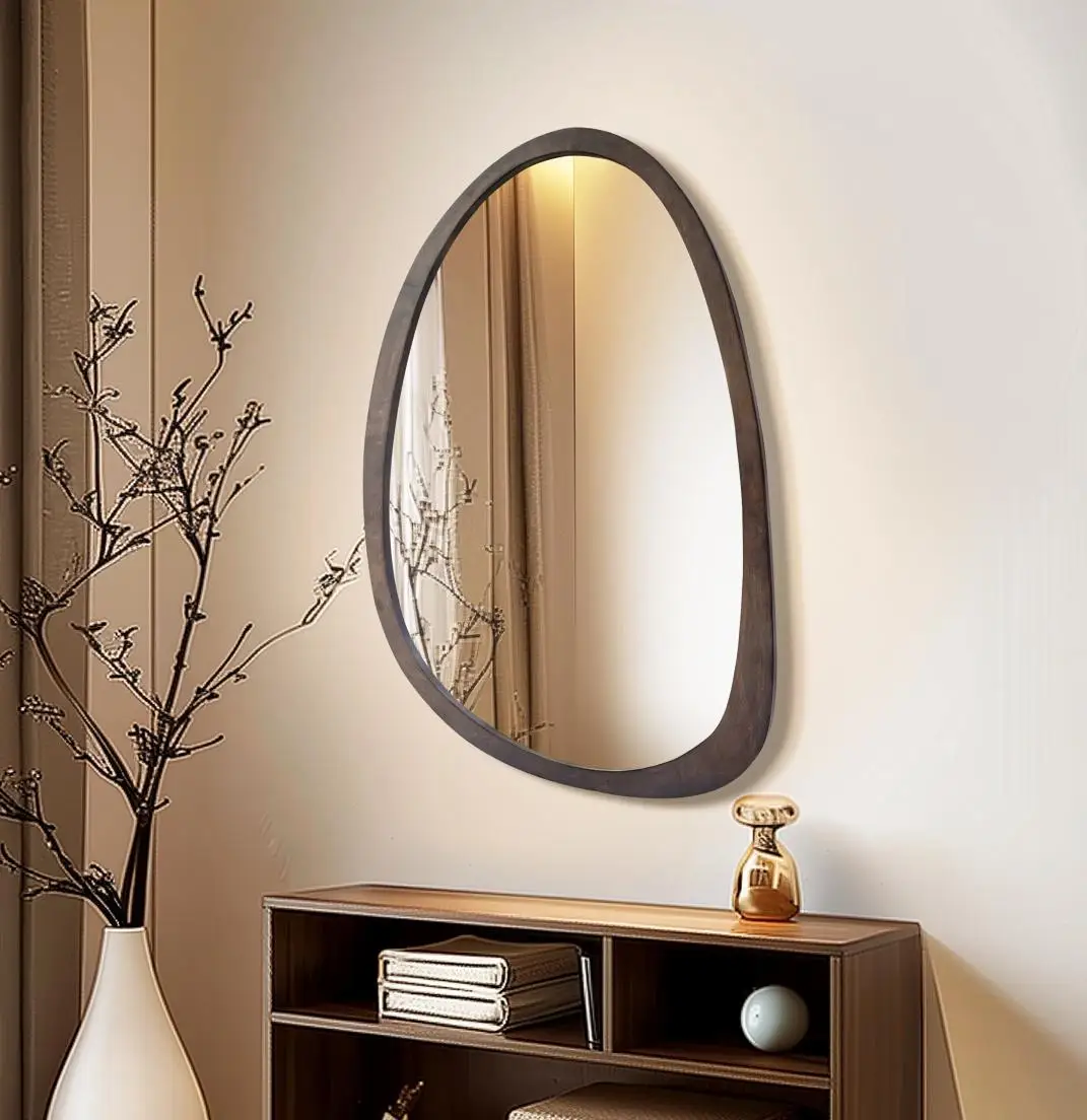 2 Styles Vintage Irregular/Octagon Wall Hanging Mirror for Living Room, Bedroom, Entryway,  Walnut Wood Framed Accent Mirror