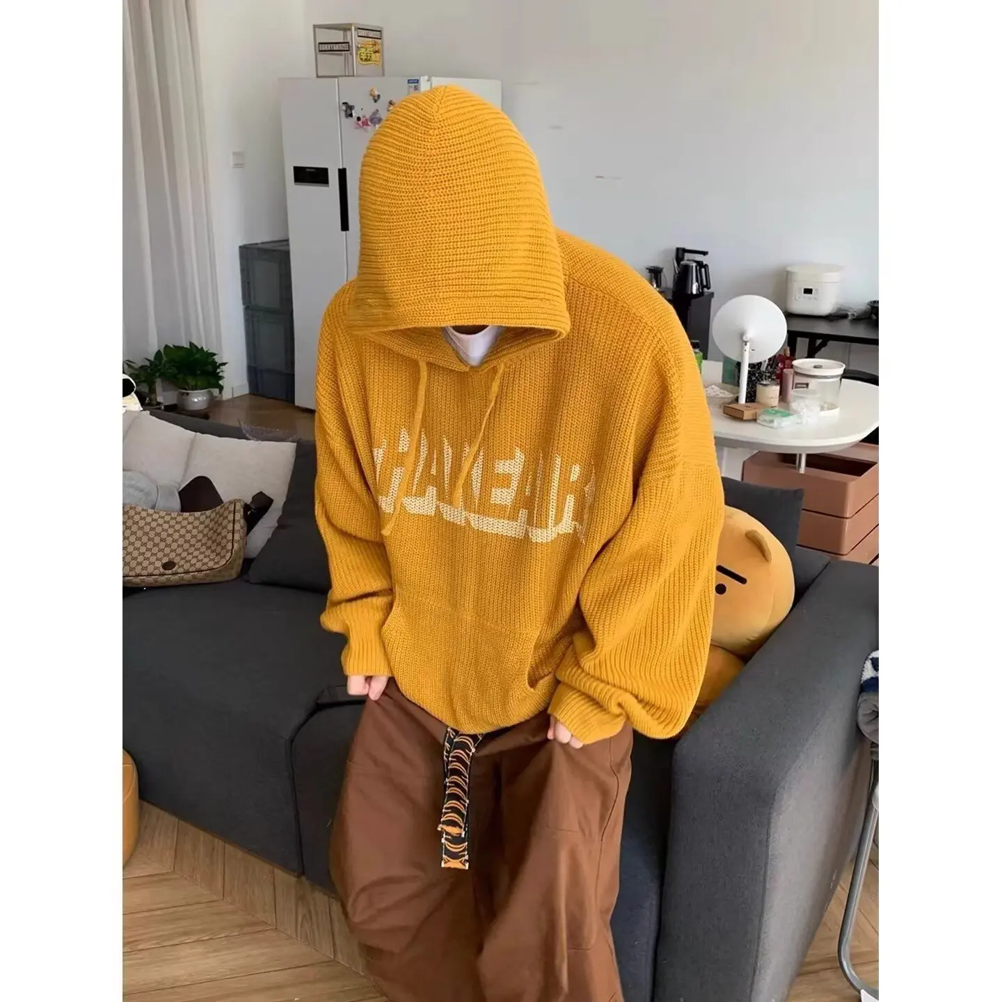 

Свободный вязаный худи-свитер для осени, повседневная одежда, полиэстер, винтажный стиль, верхняя одежда для пар