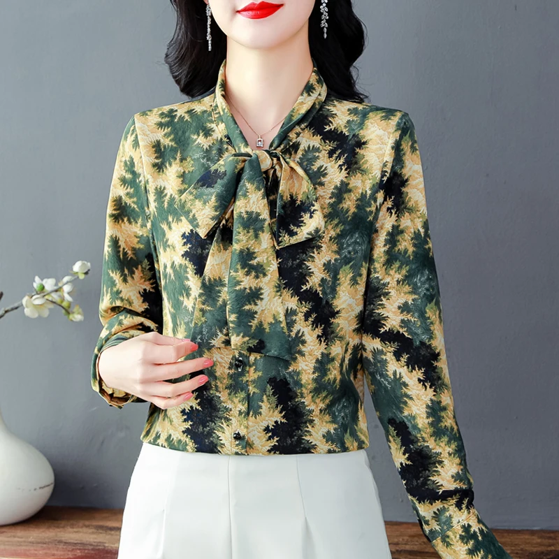 Camicette stampate stile Hong Kong da donna Top streetwear alla moda Camicia casual in chiffon a maniche lunghe allentata con fiocco vintage