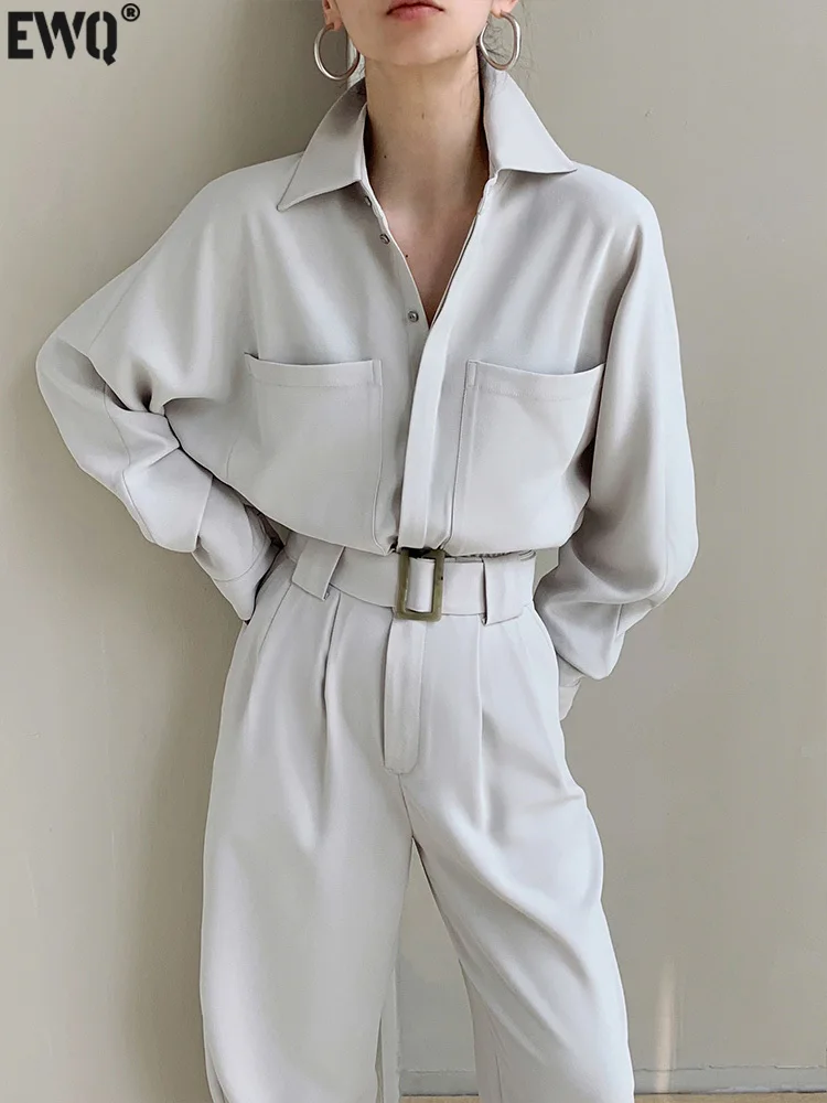 [EWQ] Elegant Temperament With Bandage Jumpsuits Long Sleeve Big Pocket Fashion Office Lady Jumpsuit 2024 Autumn Winter 16U4460