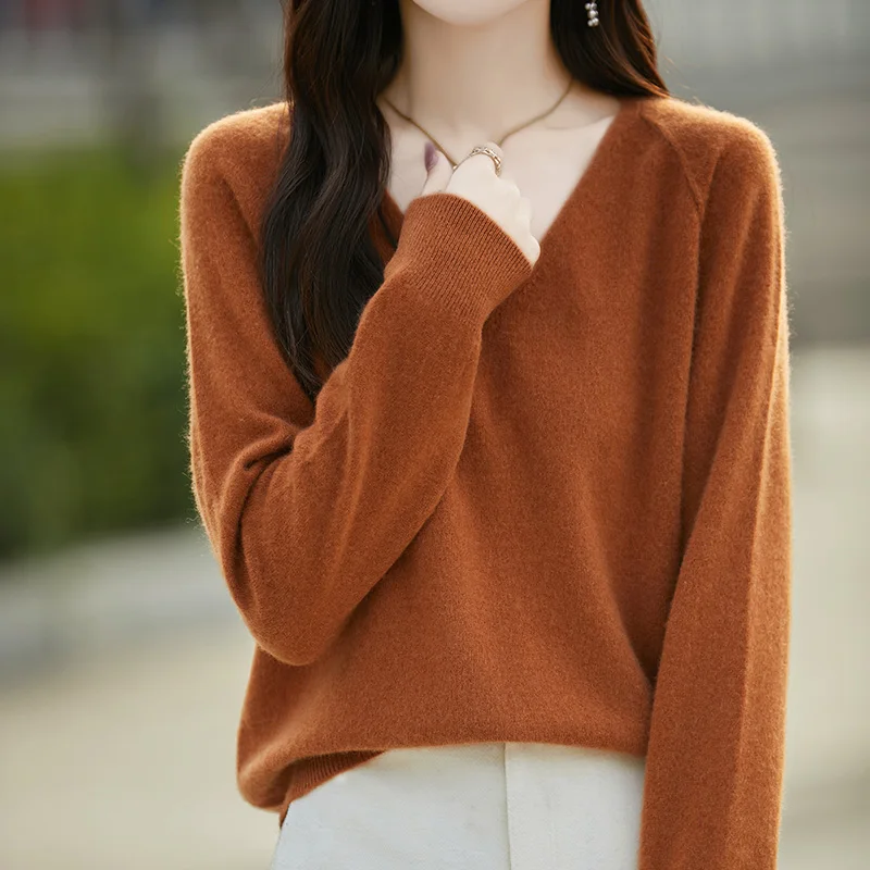 2025 outono e inverno novo feminino ombro comprimento manga comprida camisola de caxemira solta com decote em v 100% lã merino roupas de malha