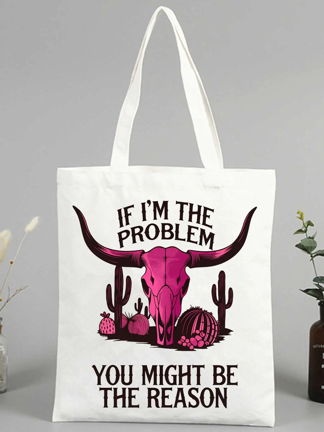 skull and cactus graphic canvas tote bag with slogan print, perfect for casual daily use and weekend outings