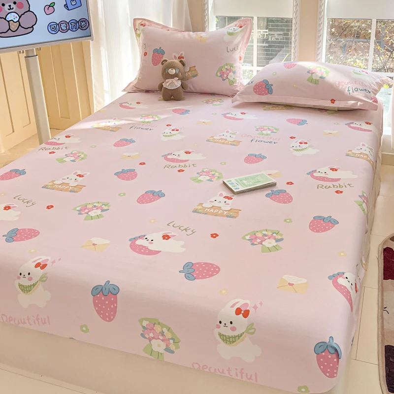 Set di lenzuola con angoli in cartone animato con coniglio, lenzuolo floreale botanico con 2 federe, lenzuolo in cotone Kawaii per l'arredamento della camera da letto delle ragazze e degli adolescenti