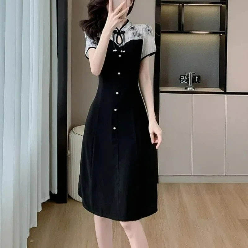 Fashion Temperament Elegant Chinese Style Cheongsam Dress Short Sleeved Print Patchwork Stand Neck Button Summer A-line Dresses