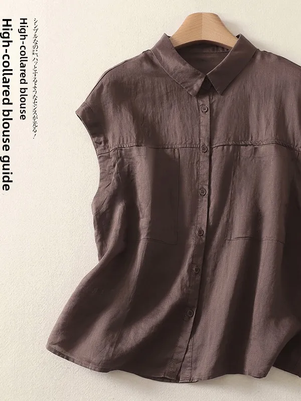 Csa de manga corta de lino y aodón para mujer, Top fino sin cuello, csa informal hoada y versátil a la moda, estilo...