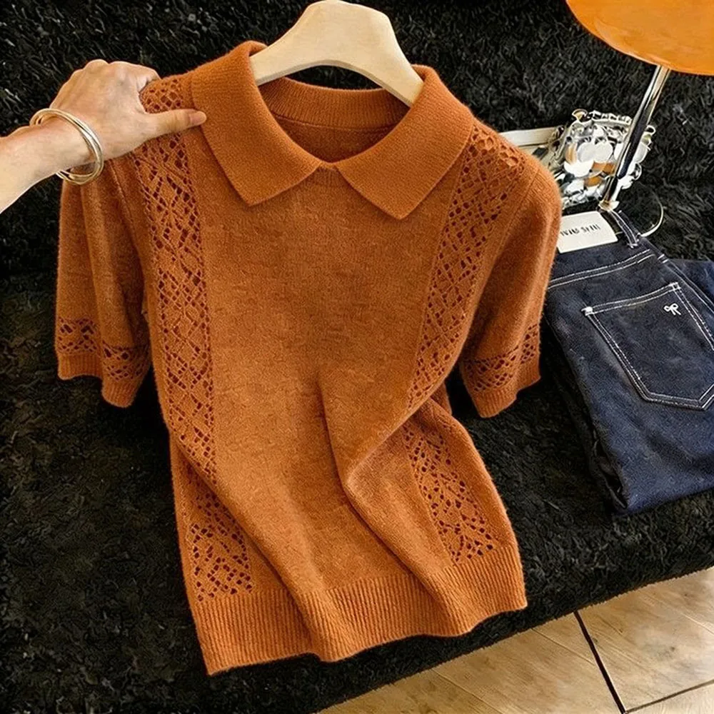 

Summer New Polo Neck Sweater Women Hollowed Hook flower Short-sleeved Casual All-Match Knitwear Sweater Pullovers Lady Tops