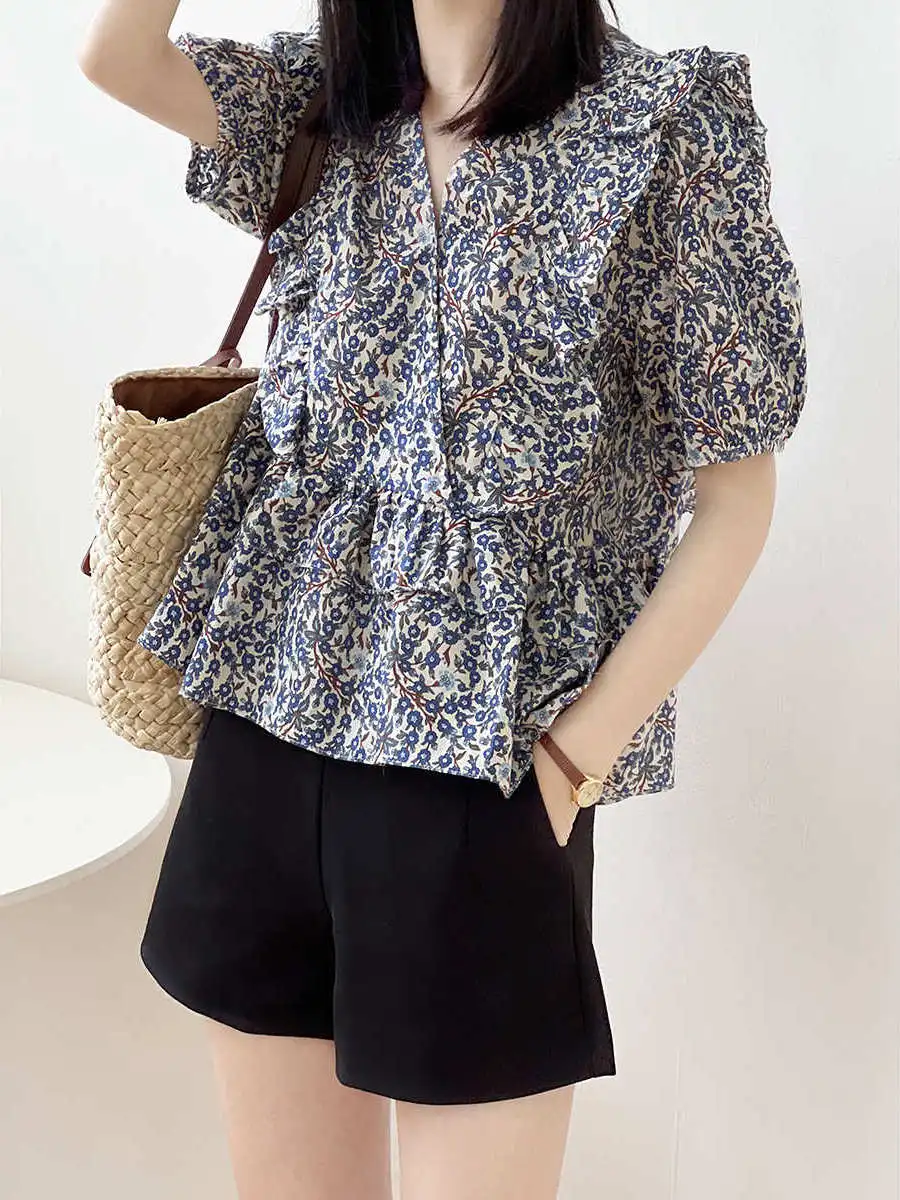 

Summer Double Floral Short Sleeve Shirts Women's Cleanfit Bubble Sleeve Cotton Knot Straight Cut Warm Thin Chinese
