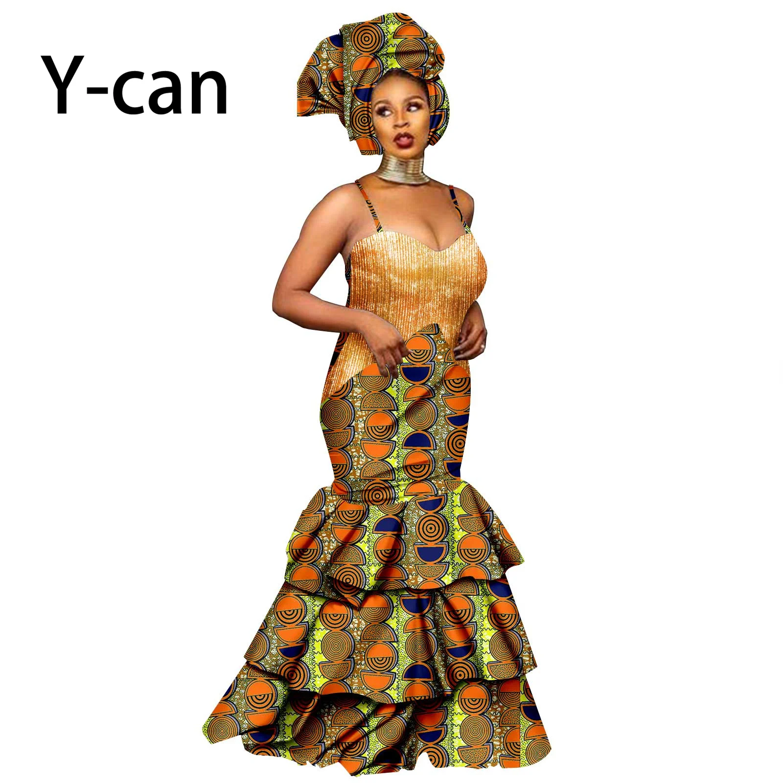 

Dashiki African Women Sexy Dresses for Wedding Party Ankara Print Ruffles Floor-Length Slip Skirt with Turban Headwrap Y2225047