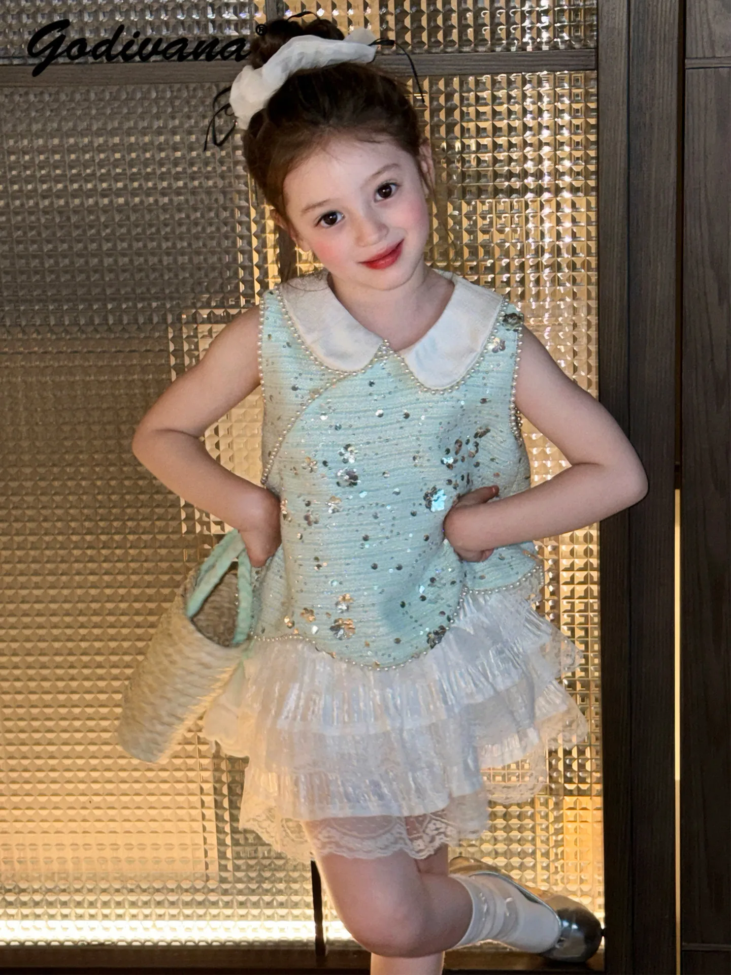 Baby Girls High End Elegant Sequined Pearls Doll Collar Top 2026 Summer New Kids Sweet Sleeveless Vest and Mesh Lace Trim Skirt