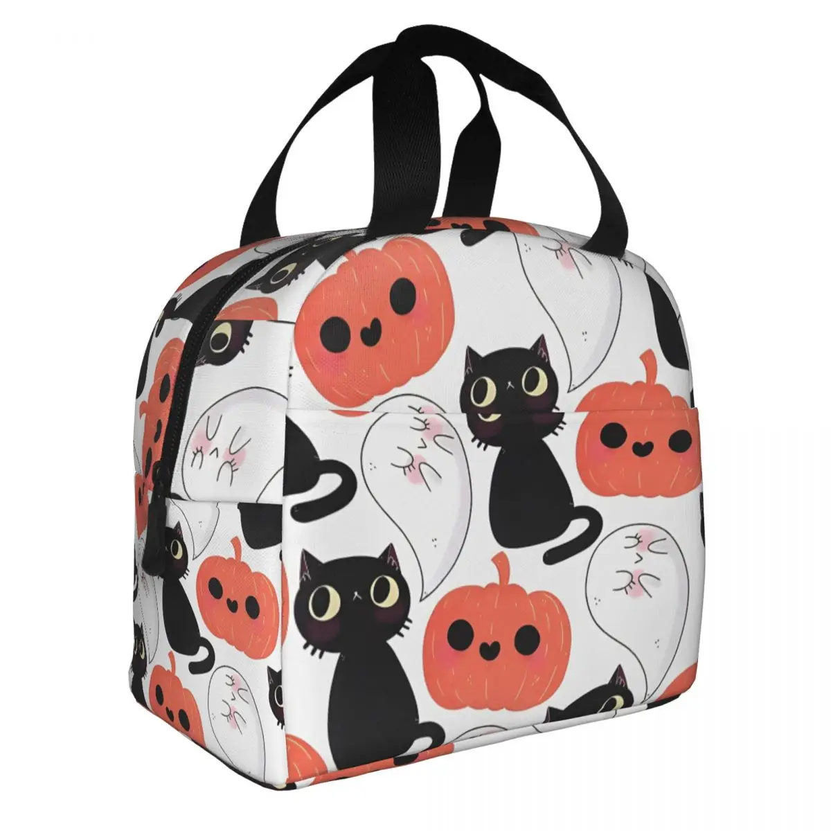 

Spooky Cute Halloween Cat Kitty Pumpkim Ghost Lunch Bags Cooler Bag Reusable High Capacity Tote Lunch Box Men Women Work Travel