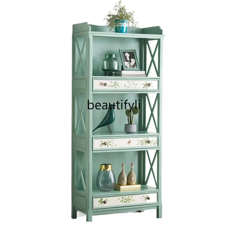 American-Style Painted Bookshelf Bookcase Home Living Room Solid Wood Multi-Layer Floor Shelf Display Cabinet