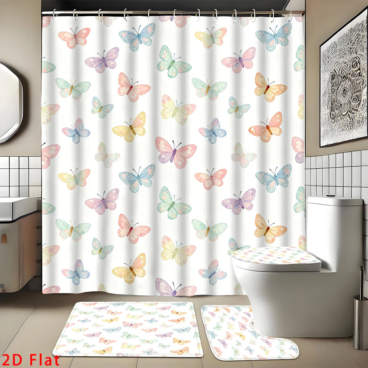Ensemble de salle de bain 2D plat, 4 pièces, couleur pastel, comprenant des décorations et accessoires de salle de bain de haute qualité, dont un tapis de bain antidérapant, un tapis de sol en forme de U, un abattant de toilette et un rideau de douche avec 12 crochets.