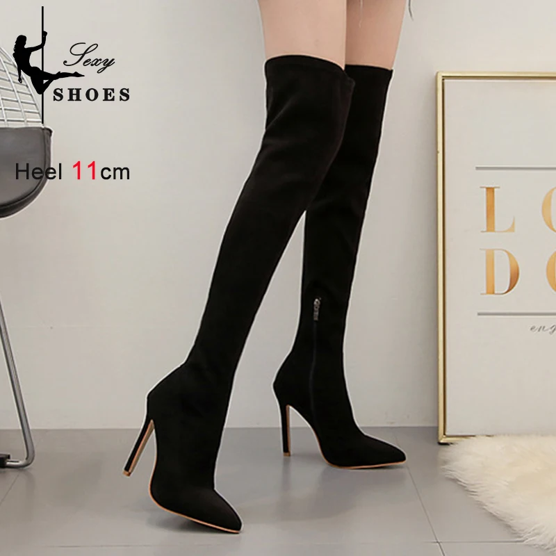 2023 Women\'s over-the-knee Boots Fashion Pointed Toe Autumn Winter Flock Thigh High Stretch Long Booties Wine Red Stiletto Heels