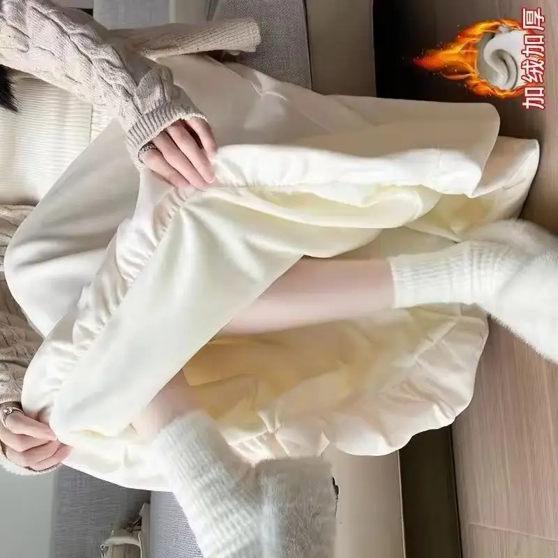 2026 Autumn Winter Women's Thick Bud Glutinous Rice Skirt Female Plus Velvet Skirt Long High Waist Short A-shaped Umbrella Skirt