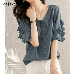 Elegant Fashion Solid Drawstring Button Ruffles Shirt Summer 2023 New V-Neck Half Butterfly Sleeve Pullovers Tops Women Clothing