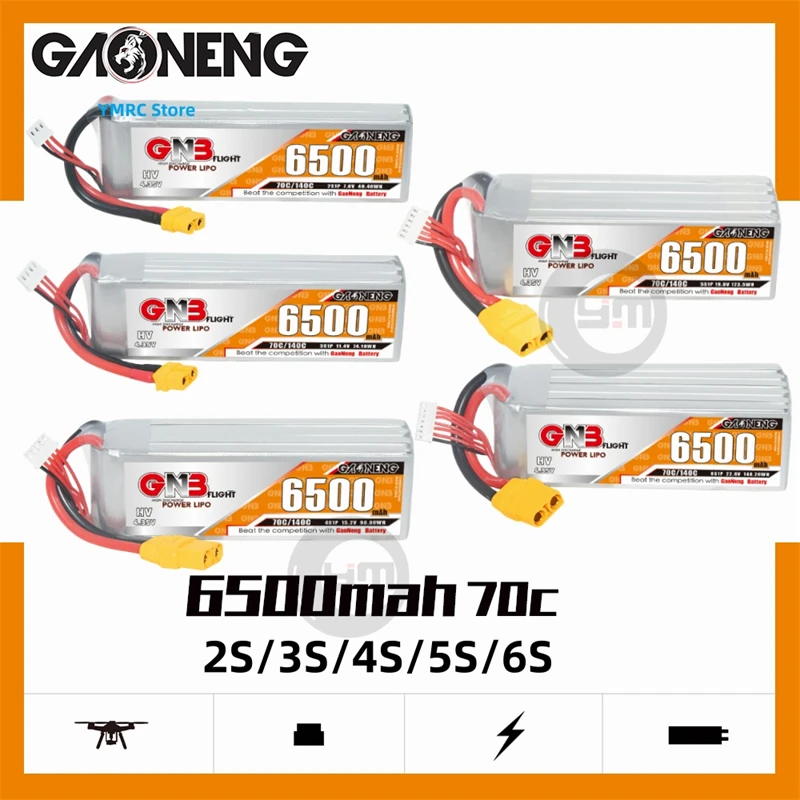 Gaoneng GNB 6500mAh 70C 2S/3S/4S/5S/6S 7.6V/11.4V/15.2V19.0V/22.8V LiPo Battery with XT60/XT90/T-Plug Plug for FPV Racing Drone