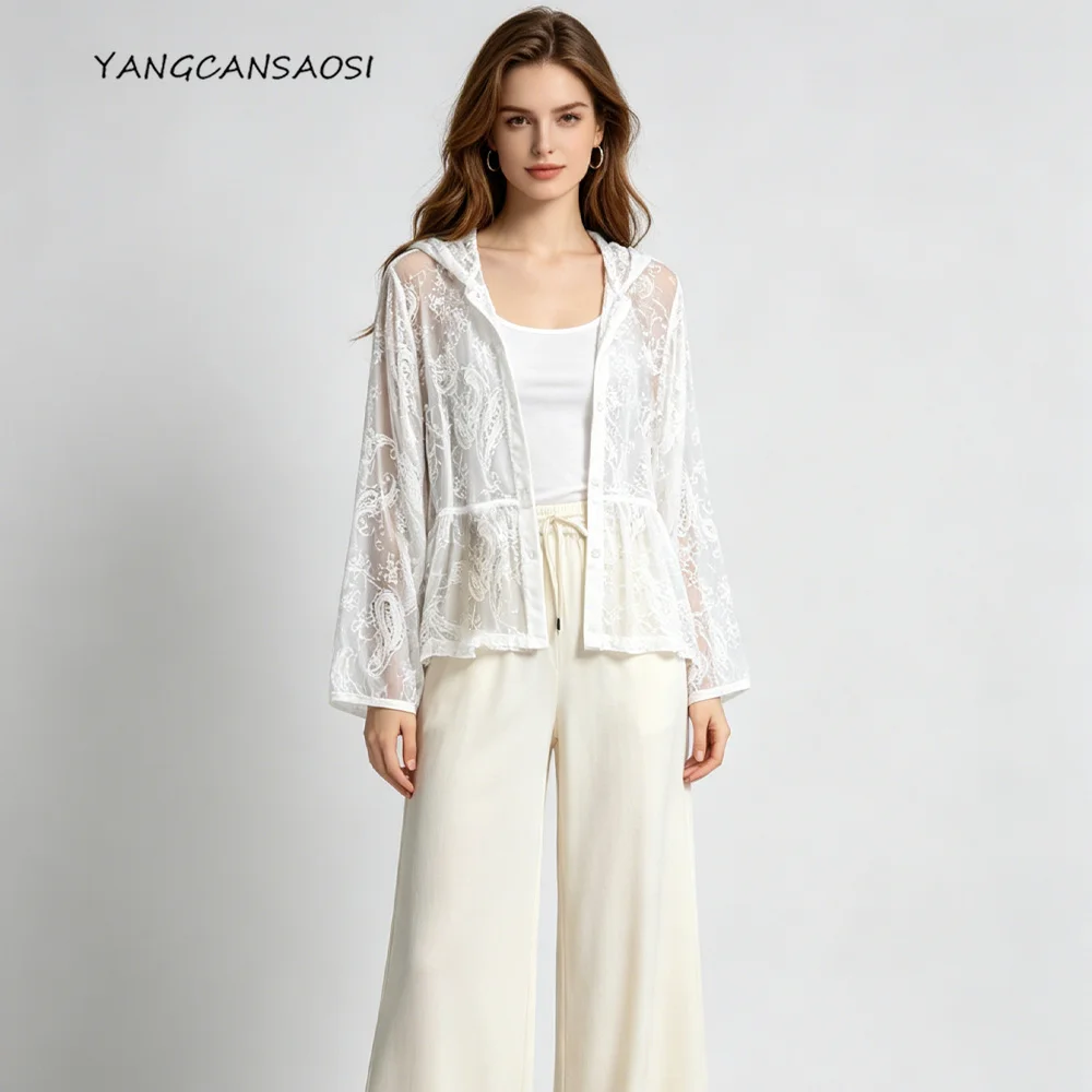2026 Women's Casual Summer New Heavy Embroidery Natural Mulberry Silk Georgette Hooded Loose Long Sleeved Flowing Cardigan