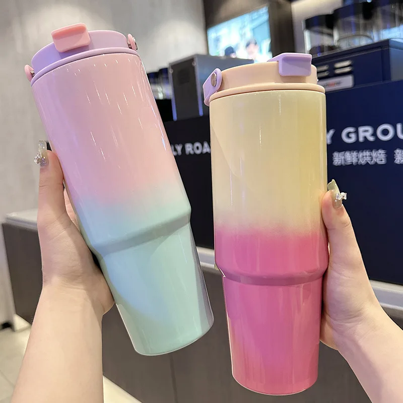 New Stainless Steel Insulated Cup With Vacuum Thickening Gradient Color Water Cup Large Capacity Portable and Portable Car Cup