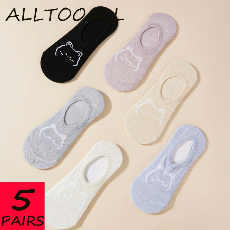 

ALLTOOALL 5 пар милые носки-лодочки с мультяшным медведем забавные носки мягкие дышащие женские летние короткие Нескользящие невидимые носки до щиколотки