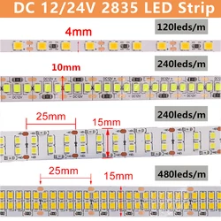 O diodo emissor de luz 12v 24v ilumina a fita flexível brilhante alta da fita da corda do diodo emissor de luz smd 2835 5m 600/1200/2400 diodos emissores de luz branco/branco morno/natural