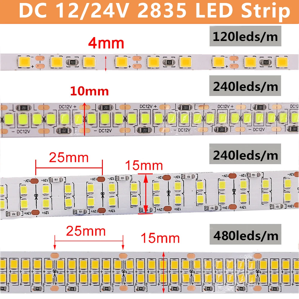 12V 24V Led Strip Lights SMD 2835 5M 600/1200/2400 Leds High Bright Flexible LED Rope Ribbon Tape White/Warm White/Natural White