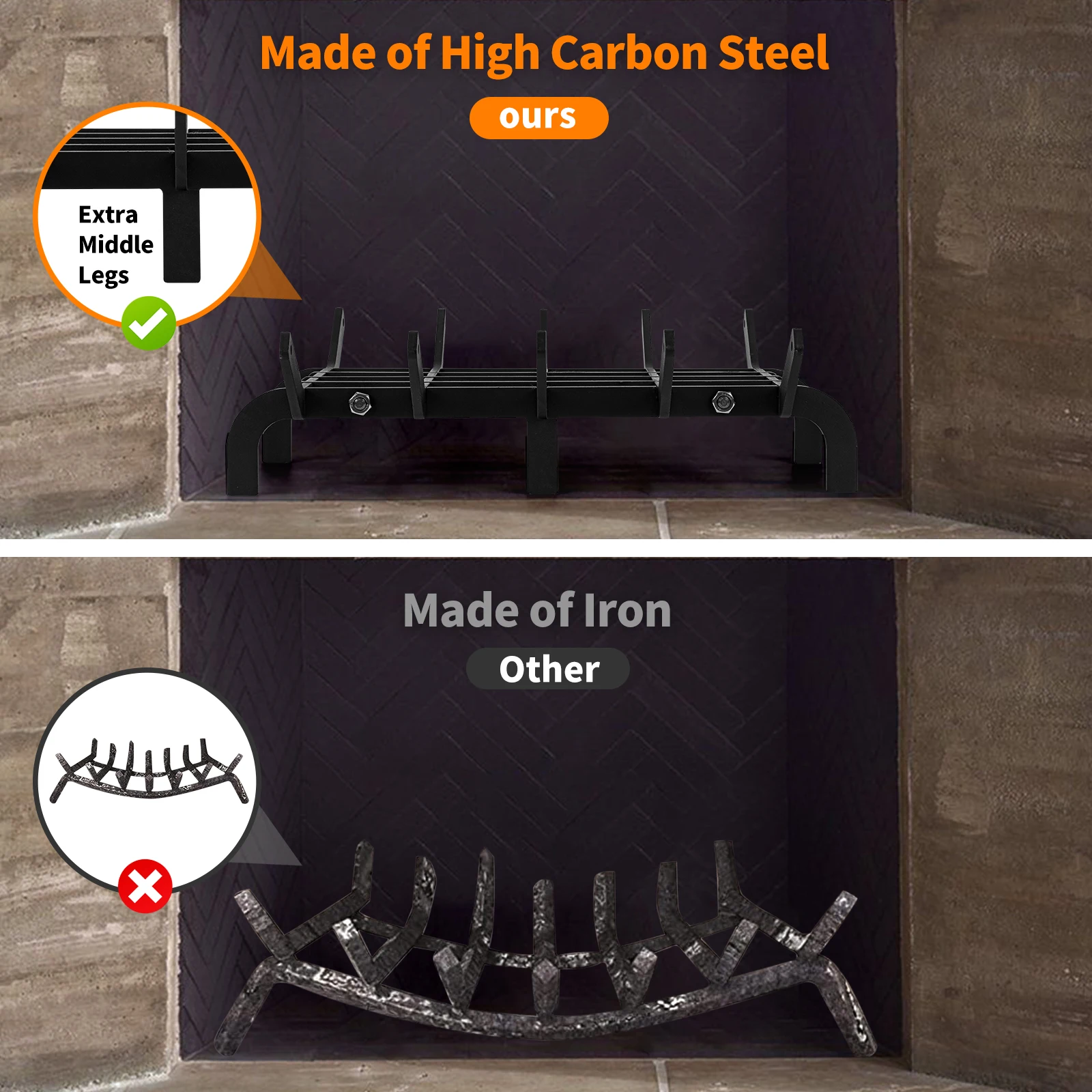 벽난로 통나무 창살 6개의 다리가 있는 벽난로 창살 견고한 분말 코팅 강철 막대 통나무 장작 굽기 랙 홀더