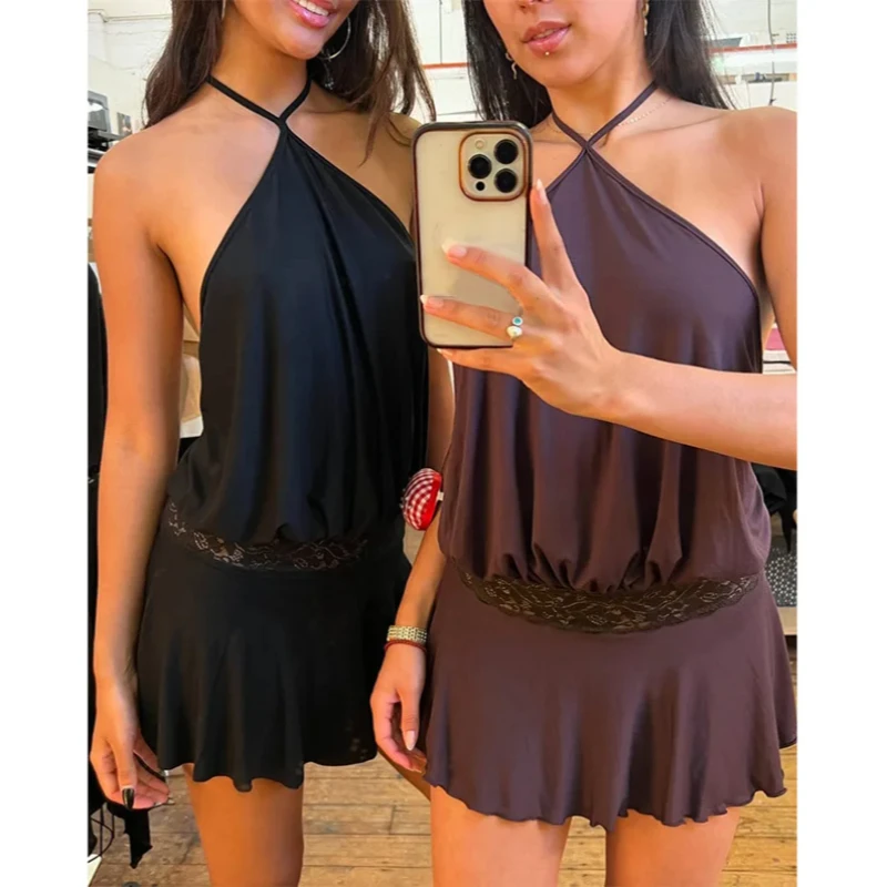 レディースフレンチバケーションスタイル無地ハンギングカラーキャミソールバックレスウエストシェイプワンピース