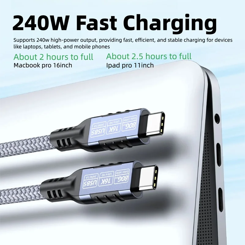 New Design 16K USB 5 Thunderbolt Cable 8K 80Gbps Type C TO USB-C Cable PD240W Charge Cable for Macbook Pro Laptop Power Bank