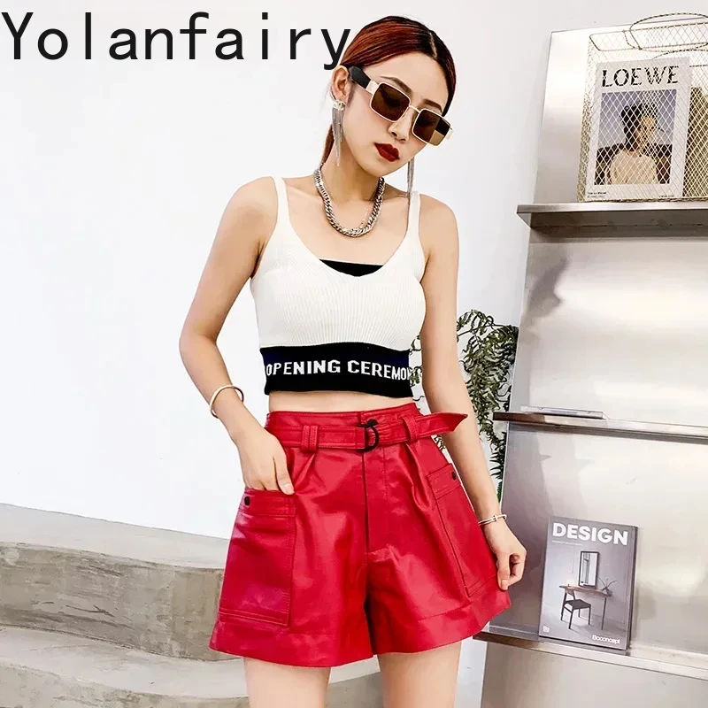 2024 Fashion Autumn Winter Genuine Leather Wide-leg Pants Women Short High Waist Sheepskin Trousers Pantalones De Mujer Gxy1167