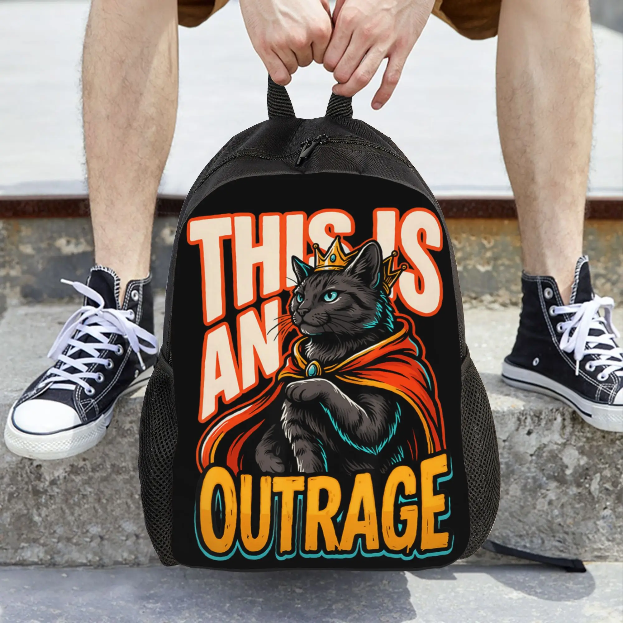 This is an Outrage Funny Princess Cat Goddammit Donut Gold Backpack  Casual Backpacks Female Travel School Bags Design Rucksack
