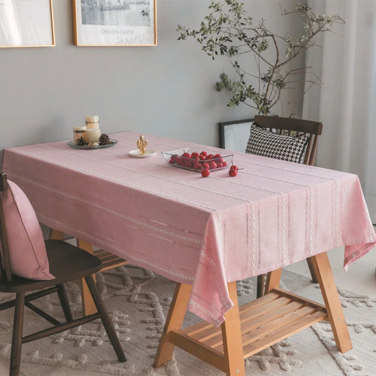 

Cotton Linen Stripe Pink Tablecloth Stain Resistant Dust-Proof Table Cover for Kitchen Dinning Tabletop Decoration Rectangular