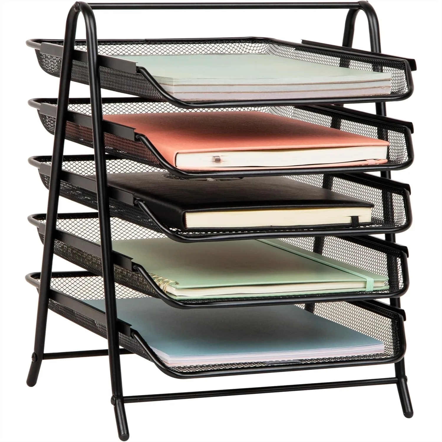 

5-Tier Vertical File Organizer for Desk, Metal Mesh Paper Tray Rack with Handle, Space-Saving Office Storage, Black