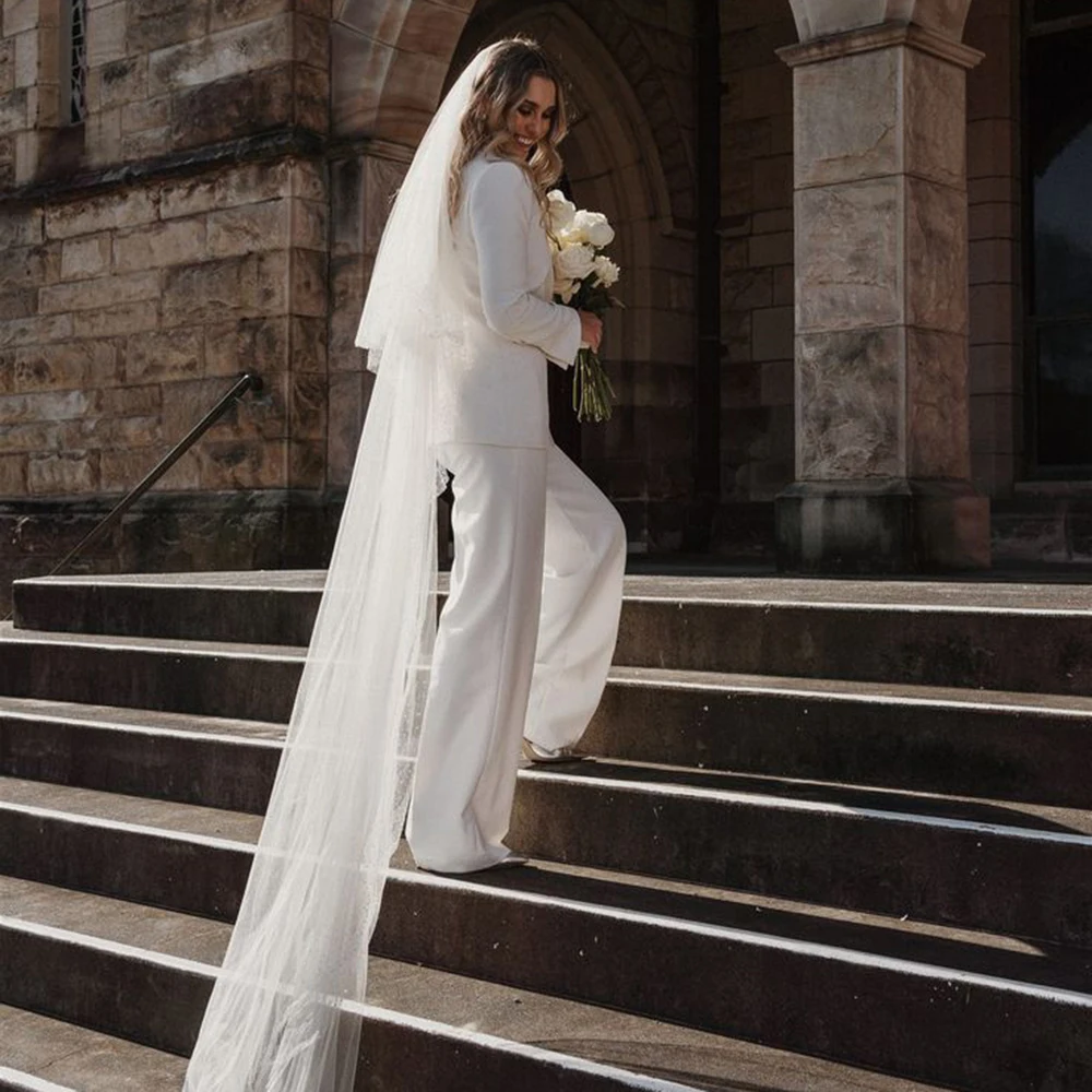 Elegant สีขาวงานแต่งงานผู้หญิง 2 ชิ้นชุด Double Breasted Slim เสื้อกางเกงขากว้างชุดสํานักงานธุรกิจเสื้อผ้าหญิง