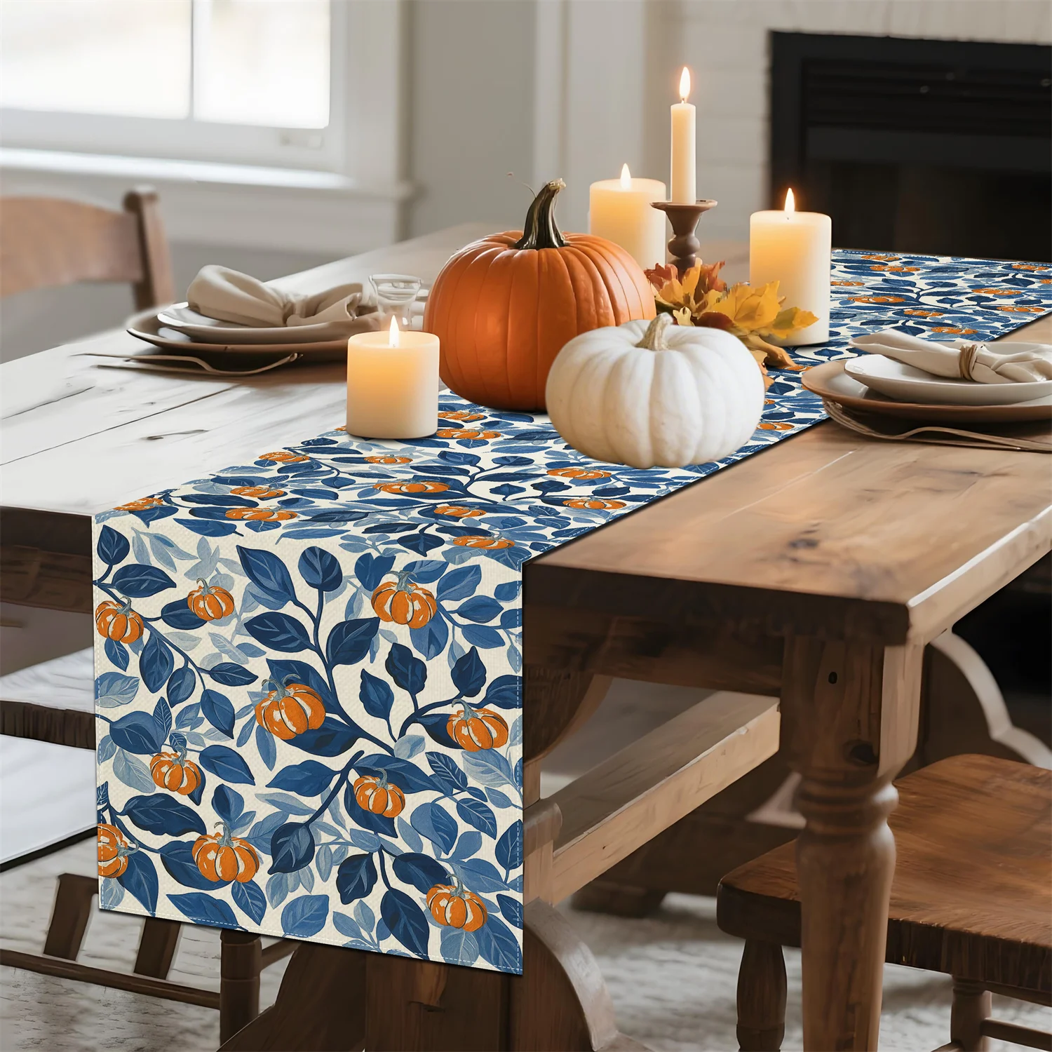 

Boho Fall Pumpkin Table Runner. Orange pumpkins and blue leaves on white background perfect for Thanksgiving fall kitchen and di