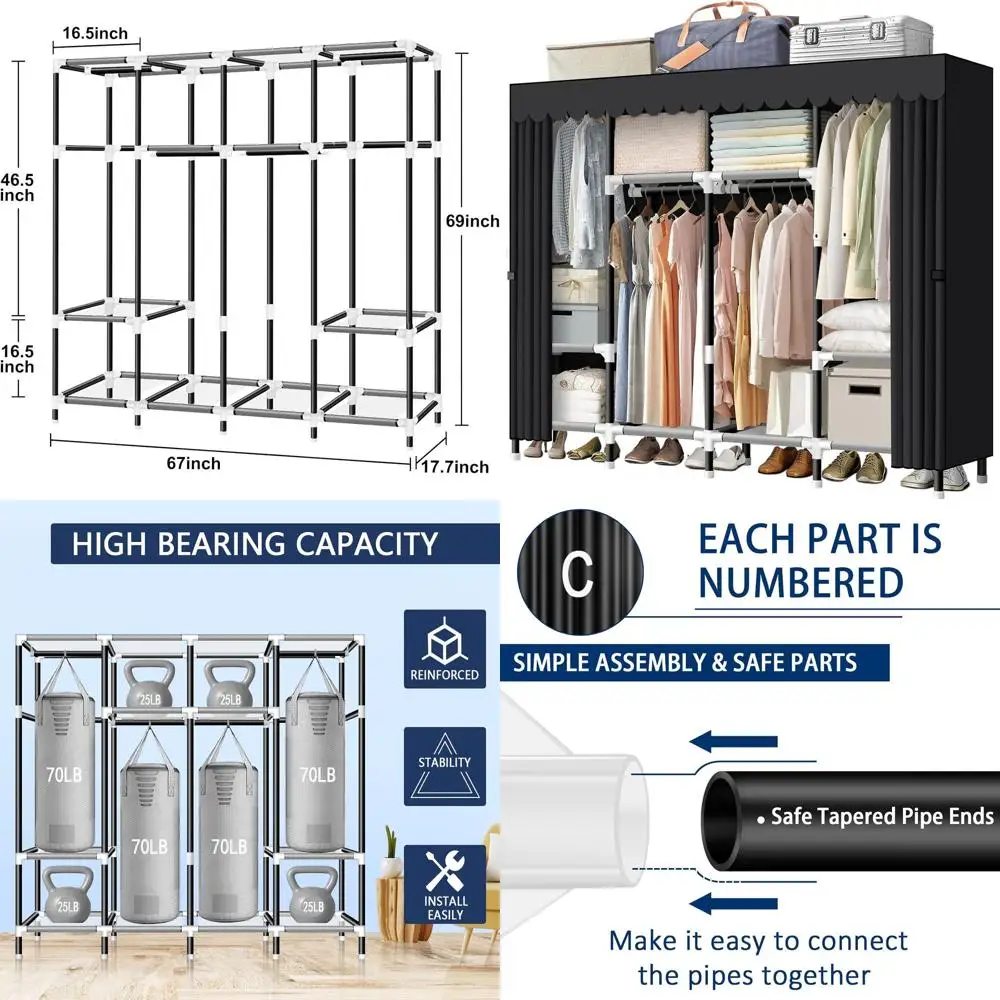 

Портативный шкаф из стальных труб 67 Steel Tube с 4 штангами для одежды, простая сборка, черный чехол