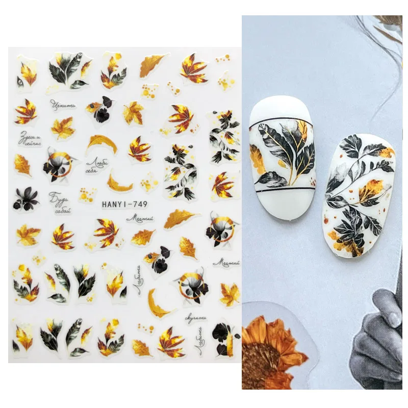 Herfst 3d Nagelsticker Goud Geel Paars Esdoornblad Bloemen Vlinder Insect Pompoen Sliders Manicure Zelfklevende Gel Nail Art Sticker