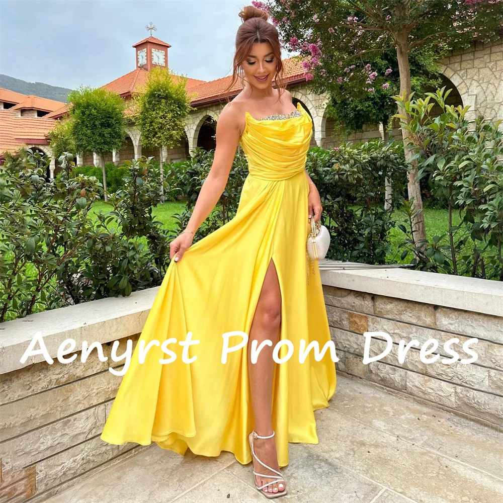 Aenpopst-Robe de Soirée en Satin Jaune Simple Sans Bretelles pour Femme, Tenue de Bal à Fente Haute sur le Côté, Longueur au Sol, Tout ce qui est fait sur Mesure