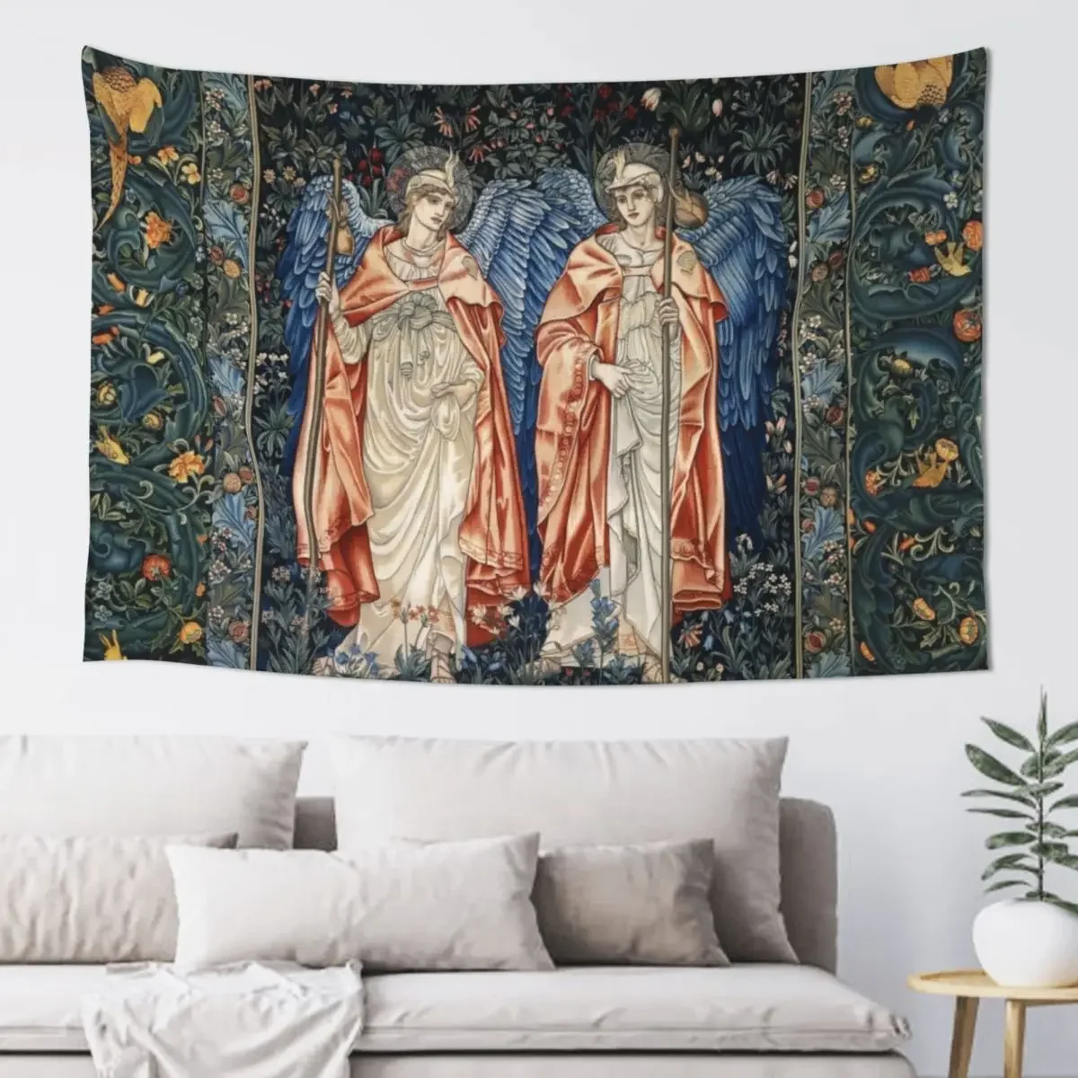 ANGELI MINISTRANTES, Angels in Blue Green Floral Tapestry Room Decoration Accessories Living Room Decoration Art Mural Tapestry