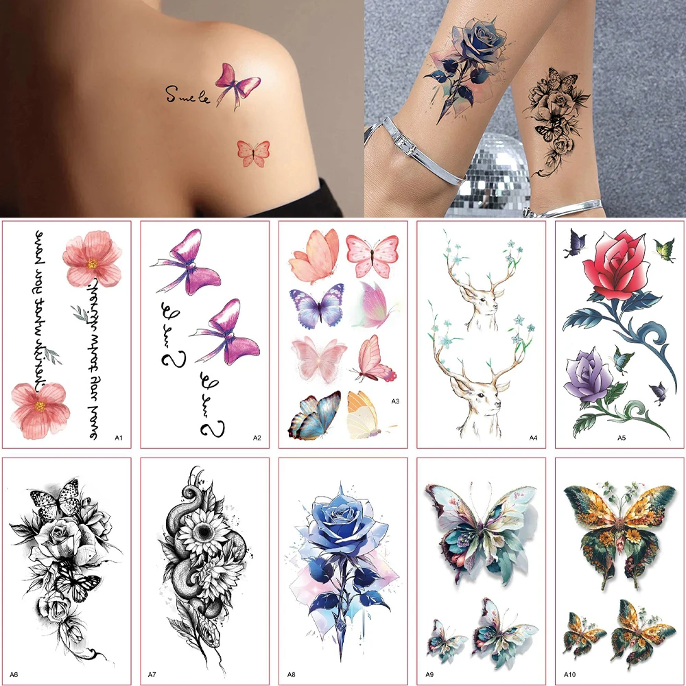 

10pcs Waterproof Flower Temporary Tattoo Stickers Butterfly Fake Tattoo for Women Body Wear