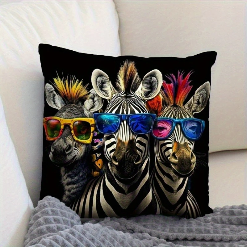 1pc Funky Zebra with Sunglasses Pillow Cover, Polyester 2D Double Sided Print Cushion Case, Cool Animal Portrait Throw Pillowcas