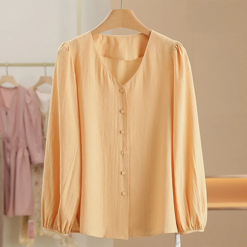 

Xking Simple V-neck Breathable Rayon Shirt Women's Fashion Spring New Style 2026 Comfortable Long Sleeve Casual Shirt