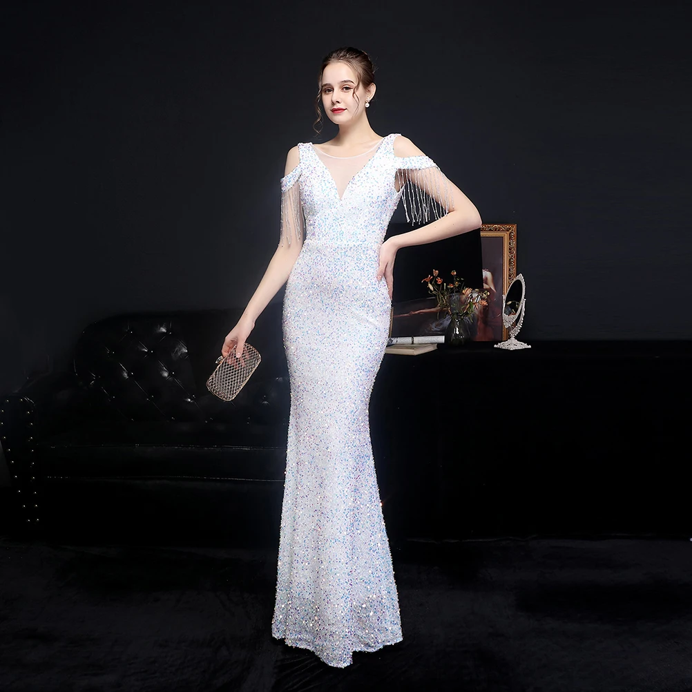 DEERVEADO Mermaid Off Shoulder Sequins Evening Dress for Woman Elegant Wedding Party Dresses Beading Special Occasion Dresses