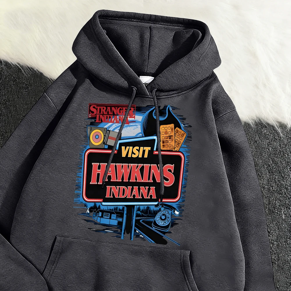 

Мужская толстовка с принтом Visit Hawkins Indiana, повседневные свободные модные толстовки, базовые универсальные пуловеры, флисовая одежда унисекс
