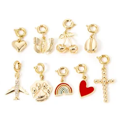 1 Piece Brass Charms 18K Real Gold Plated With Spring Ring Clasp Cherry Heart Rainbow Pendant For DIY Neckalce Bracelet Making