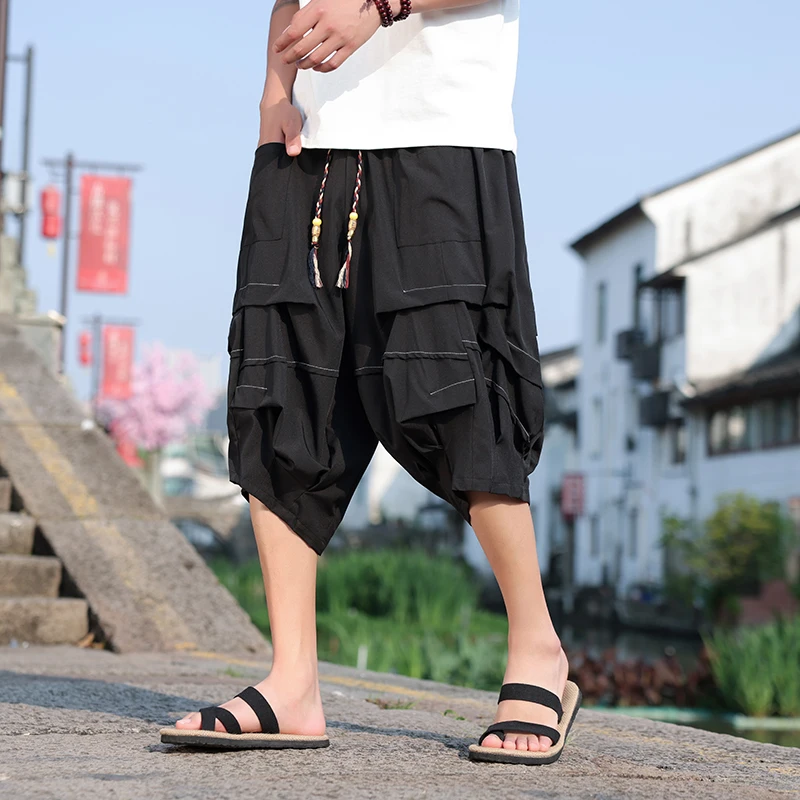 Japanese Samurai Shorts Mens Summer Ice Silk Thin Large Pocket Harem Wide Leg Pants Men\'s Haori Loose Hip Hop Trousers Plus Size