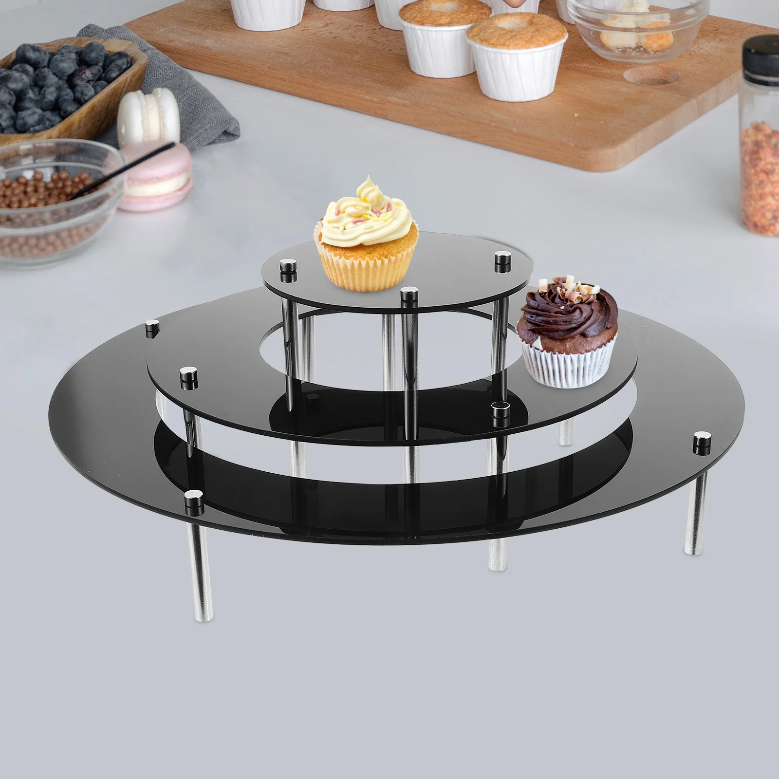 

Clear Acrylic Stand 3 Cake Stand Tier Display Shelf 5cm 7cm 10cm Risers Black Food Buffet Wedding Party