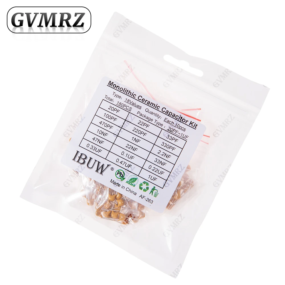 

180PCS 18Values Monolithic Ceramic Capacitor Kit (20PF-1μF) for DIY Electronic Filtering & Oscillator Circuit kit