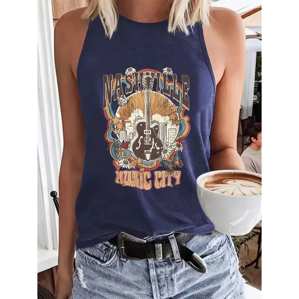 Women's Fashion Retro Sleeveless Vest Cartoon Music Guitar Print Fashion Black Round Neck Sleeveless T-Shirt Spring and Summer