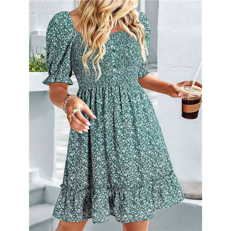 NUOVI-Vestiti estivi casual da donna Manica corta Collo quadrato Smocked Boho Floral Sundress Flowy A-Line Mini abito