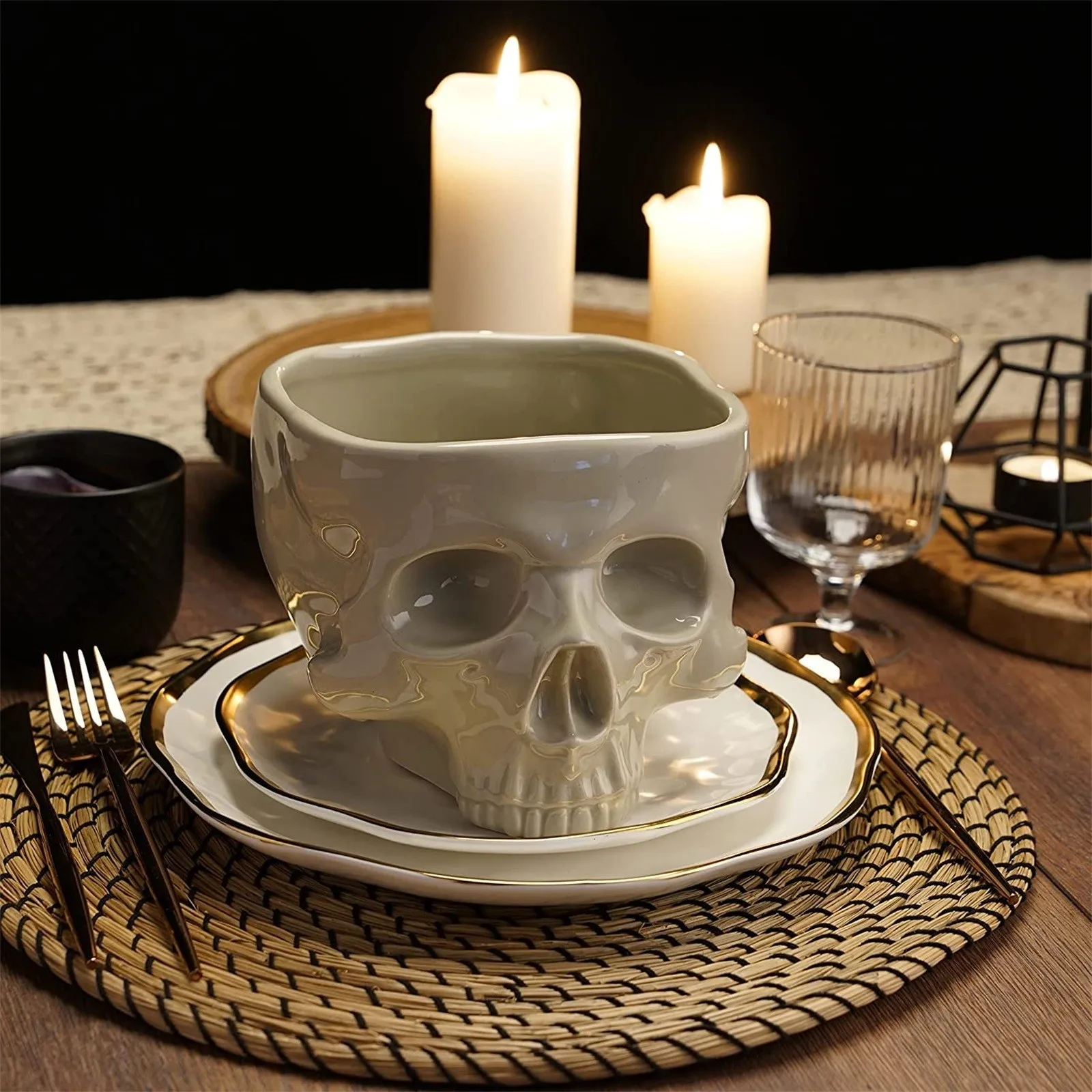 

Retro Porcelain Gothic Skull Pasta Bowl Halloween Tableware Home Bar Food Noodle Salad Candy Ceramic Bowl Tabletop Decoration